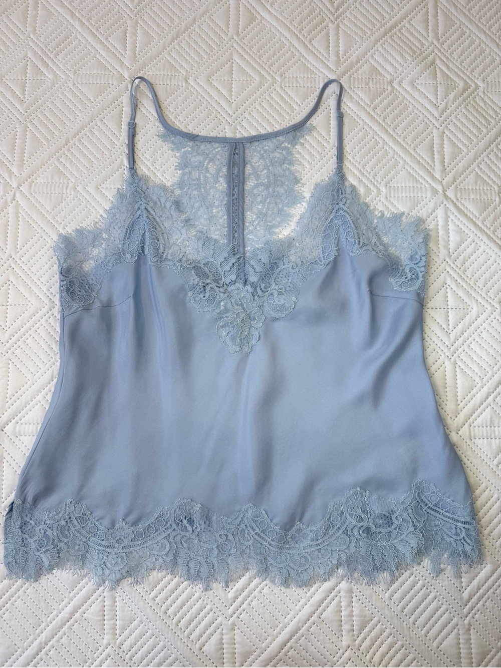 Gold Hawk Silk Racerback Eyelash Lace Trim Camisole Tank Top Size XS Cool Blue